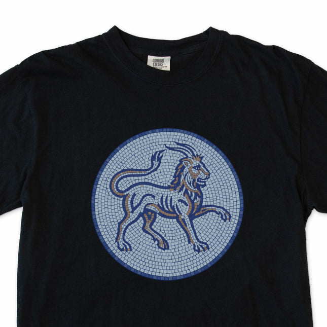 Mosaic blue chimera t-shirt featuring mythological lion and goat design.