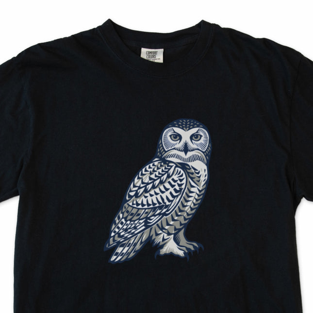 Arctic owl geometric graphic tee shirt, inspired by Inuit art and arctic birds.