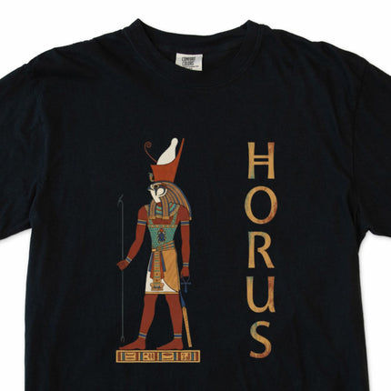 Horus Egyptian god t-shirt featuring detailed hieroglyphic graphic art print.