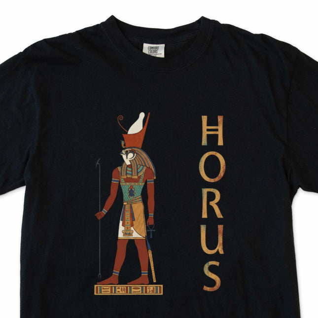 Horus Egyptian god t-shirt featuring detailed hieroglyphic graphic art print.