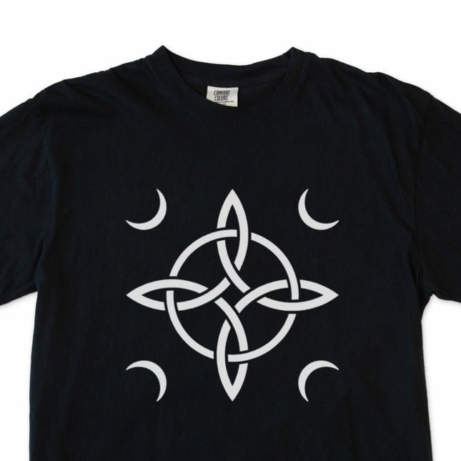 Witch's Knot and Crescent Moon symbol on a tee shirt, featuring wiccan protection and celestial design.