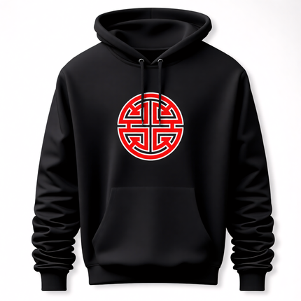 Black pullover hoodie featuring a red Chinese prosperity symbol for good luck and wealth.