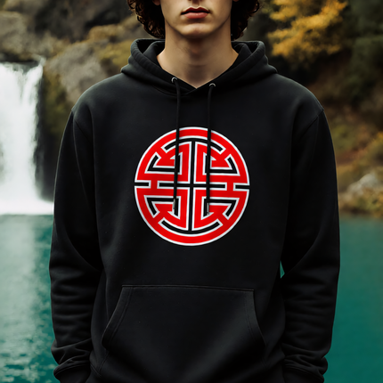 Black hoodie featuring red Chinese Lu symbol for prosperity and good luck.