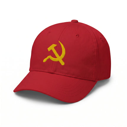 Red baseball cap embroidered with the yellow hammer and sickle communist symbol.