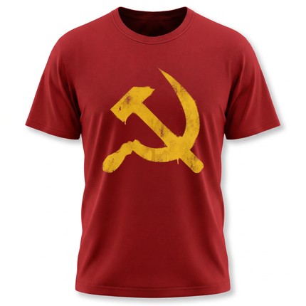 Red t-shirt featuring a distressed yellow graffiti hammer and sickle communist symbol.