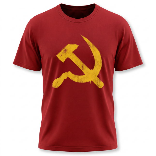 Red t-shirt featuring a distressed yellow graffiti hammer and sickle communist symbol.