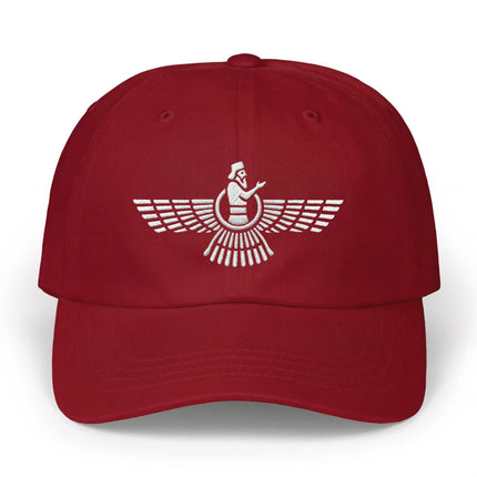 Red baseball cap featuring the embroidered Faravahar symbol of Zoroastrian culture.