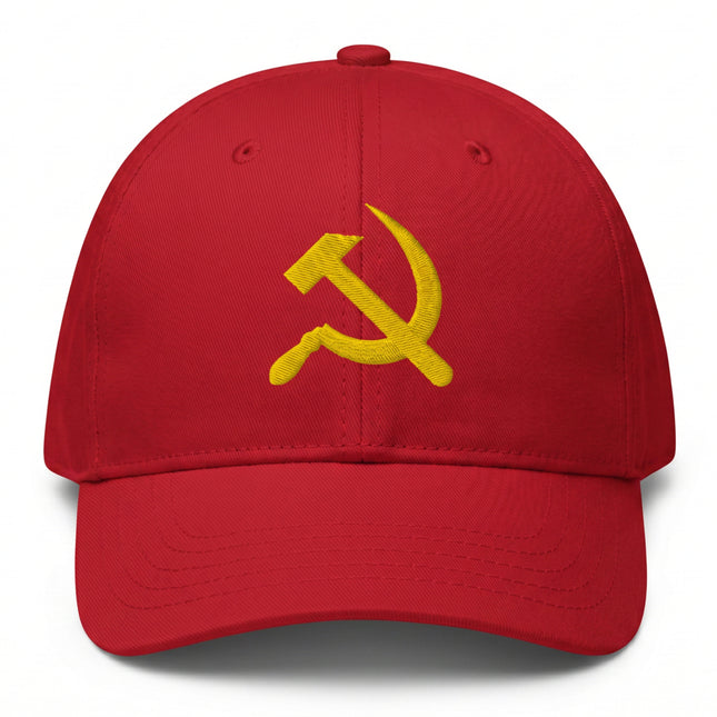 Red dad hat featuring embroidered yellow hammer and sickle communist symbol.