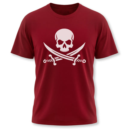 Pirate skull and crossed swords graphic on a red t-shirt.