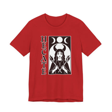 Hecate Goddess graphic tee featuring triple moons and witchcraft symbols.