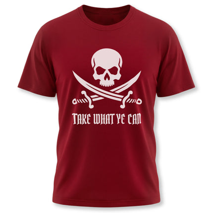 Pirate t-shirt graphic featuring a skull, crossed swords, and the text "Take What Ye Can.
