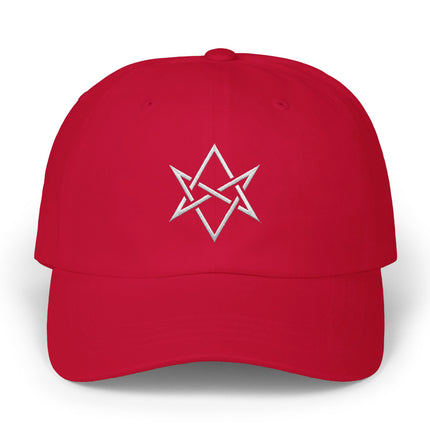 Red baseball cap featuring a white embroidered Unicursal Hexagram symbol.