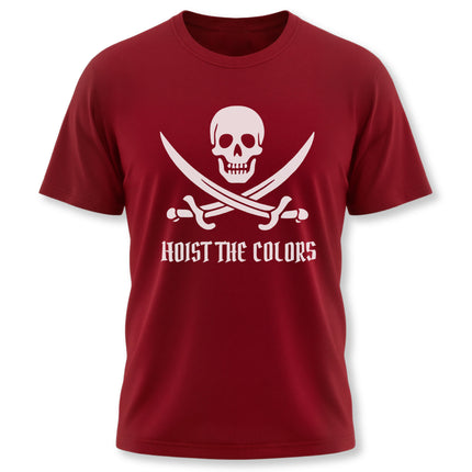 Pirate skull and crossbones graphic tee shirt with "Hoist the Colors" text.