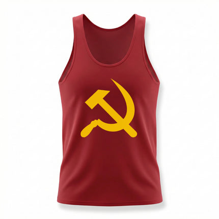Yellow hammer and sickle graphic on a red communist tank top.