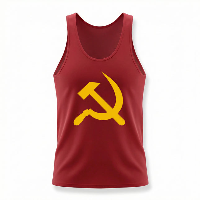 Yellow hammer and sickle graphic on a red communist tank top.