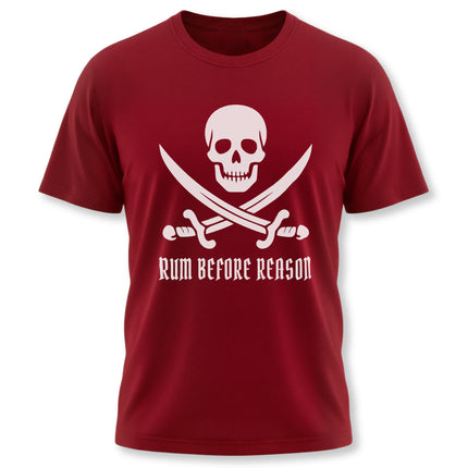Pirate skull and crossed swords graphic tee featuring the "Rum Before Reason" phrase.