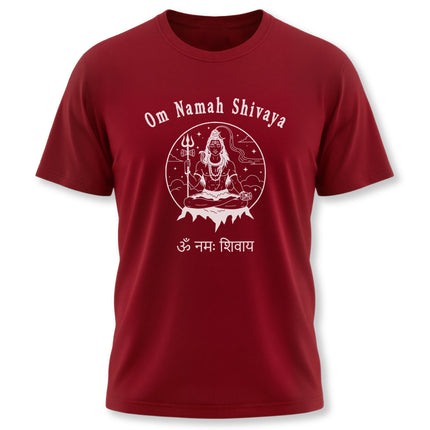 Lord Shiva meditating graphic on a red t-shirt featuring the Om Namah Shivaya mantra.