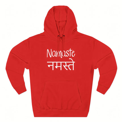 Red Namaste hoodie featuring English and Hindi spiritual greeting for yoga wear.