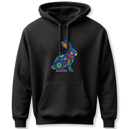 Vibrant Huichol art rabbit graphic on black hoodie, inspired by Mexican folk culture.