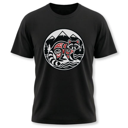 Formline art raccoon graphic tee featuring Pacific Northwest mountains and wildlife.