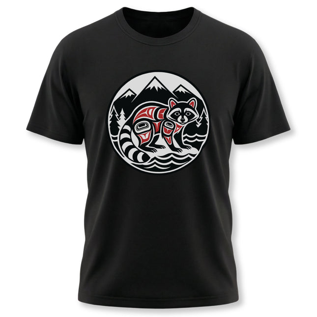 Formline art raccoon graphic tee featuring Pacific Northwest mountains and wildlife.