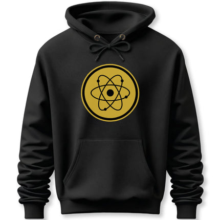 Black hoodie featuring a gold atomic symbol graphic. Perfect for science and physics enthusiasts.