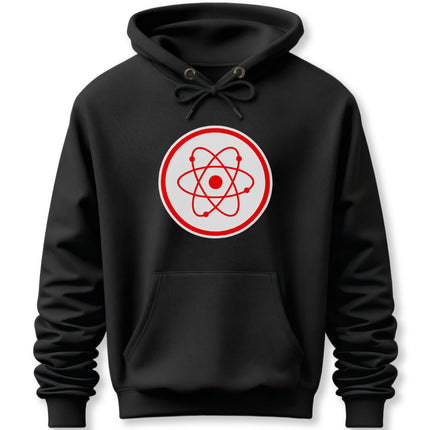 Black pullover hoodie featuring a red atomic symbol design. Science and physics themed apparel.
