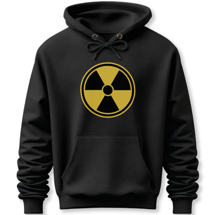 Black hoodie featuring a yellow radioactive warning symbol graphic.