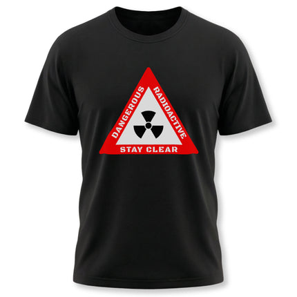 Black tee with red radioactive warning sign and nuclear hazard symbol graphic.