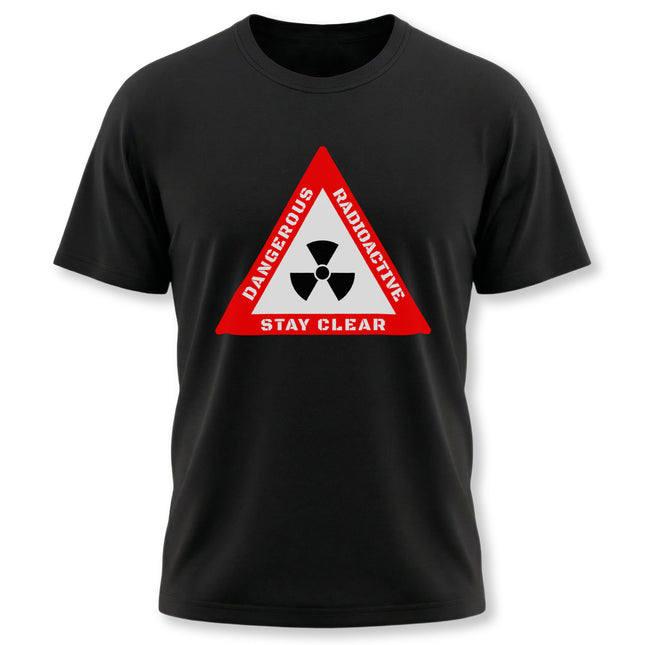 Black tee with red radioactive warning sign and nuclear hazard symbol graphic.