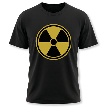 Black t-shirt featuring a yellow radiation hazard symbol graphic. Perfect for a nuclear or science-themed streetwear look.
