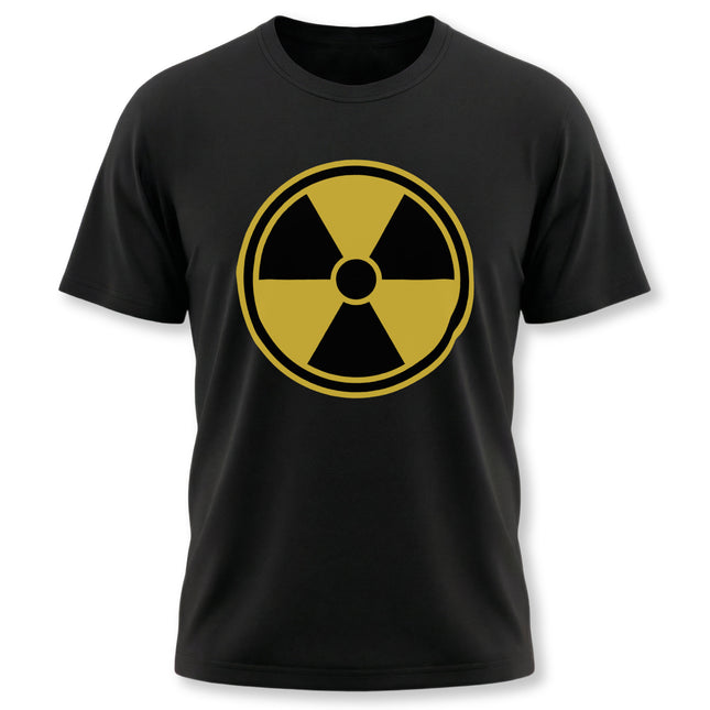 Black t-shirt featuring a yellow radiation hazard symbol graphic. Perfect for a nuclear or science-themed streetwear look.