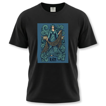 Rán Norse Sea Goddess graphic tee featuring waves, net, and mythological ocean art.