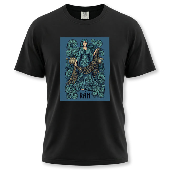 Rán Norse Sea Goddess graphic tee featuring waves, net, and mythological ocean art.