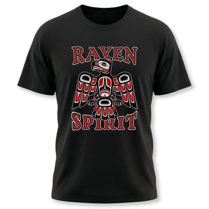 Northwest Coast tribal raven art graphic on a black "Raven Spirit" t-shirt.