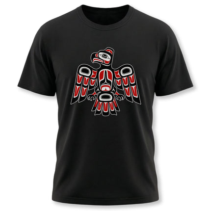 Red and black Indigenous eagle graphic tee featuring Pacific Northwest Formline art style.