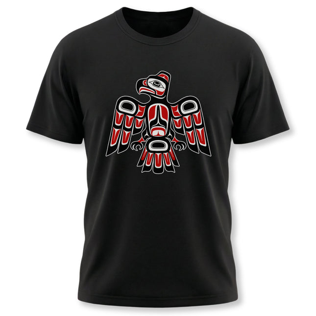 Red and black Indigenous eagle graphic tee featuring Pacific Northwest Formline art style.