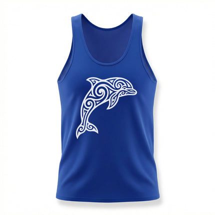 Tribal dolphin graphic on a blue tank top featuring Celtic knotwork and marine motifs.