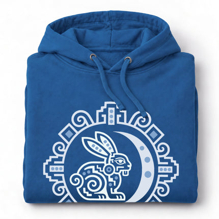 Maya Rabbit Moon Hoodie | White and Teal Crescent Medallion