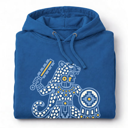 Aztec Jaguar Warrior Hoodie | Blue Spotted Figure and Shield