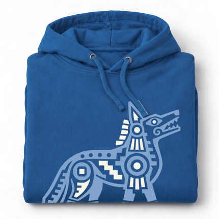 Aztec Coyote Hoodie | Teal and Blue Geometric Canine Graphic