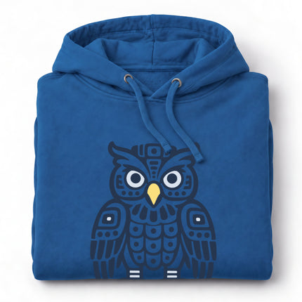 Mayan Owl Hoodie | Brown Geometric Bird with White Eyes Design