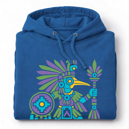 Aztec Hummingbird Warrior Hoodie | Red and Orange Bird Figure