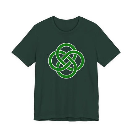 Celtic knot graphic tee on a dark green shirt featuring an eternal knotwork design.