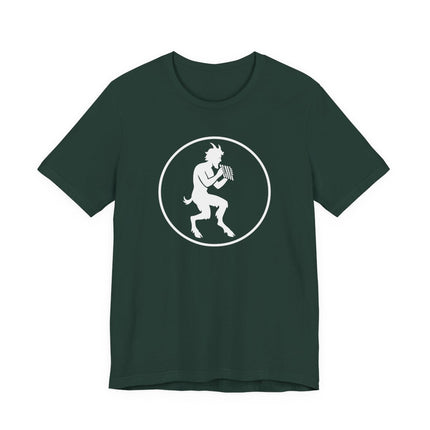 Greek satyr silhouette playing a flute on a dark green graphic tee.