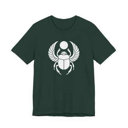 Egyptian Khepri scarab beetle graphic tee on a dark green t-shirt.