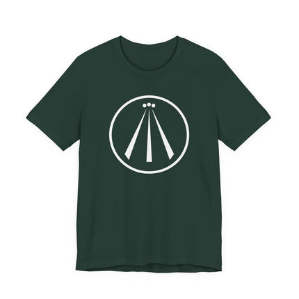 Awen Celtic symbol graphic on a dark green unisex t-shirt.