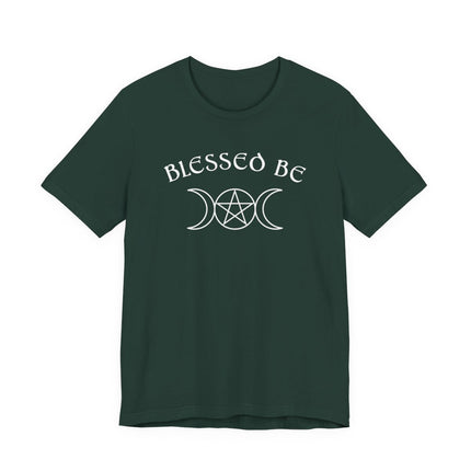Blessed Be" witchy tee featuring a triple moon and pentagram sacred geometry symbol.
