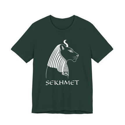 Sekhmet Egyptian goddess line art graphic on a dark green t-shirt. Minimalist depiction of the lioness deity.