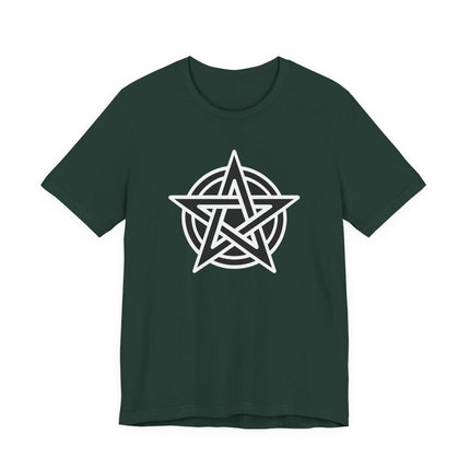 White pentagram pentacle graphic on a dark green occult t-shirt.